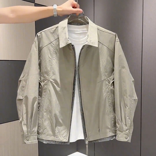 韩版 翻领夹克男休闲格子拼接假两件潮流百搭外套男款 潮牌 新款 春季