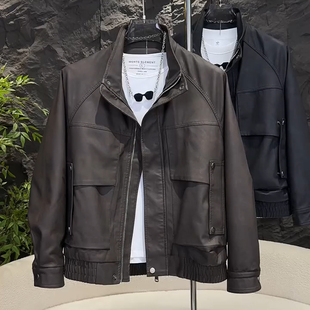 复古机车风立领皮夹克男宽松加绒加厚冬季 防风皮衣外套痞帅高级感