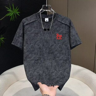 韩版小马刺绣短袖T恤男夏季扎染亮片满天星设计感百搭潮流上衣男