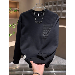 打底衫 百搭潮流帅气男士 加绒加厚卫衣黑色设计感拼接长袖 轻奢男装