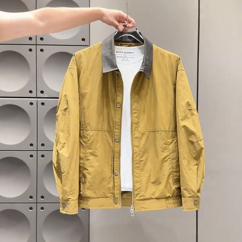 2026新款时尚休闲风撞色翻领夹克男春秋薄款百搭短款外套男设计感