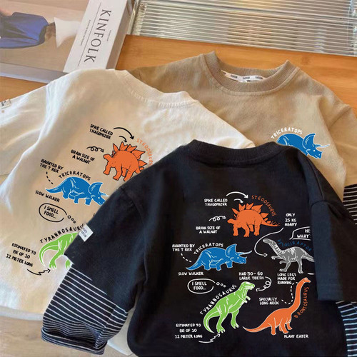 男童T恤韩版春秋彩色恐龙假两件