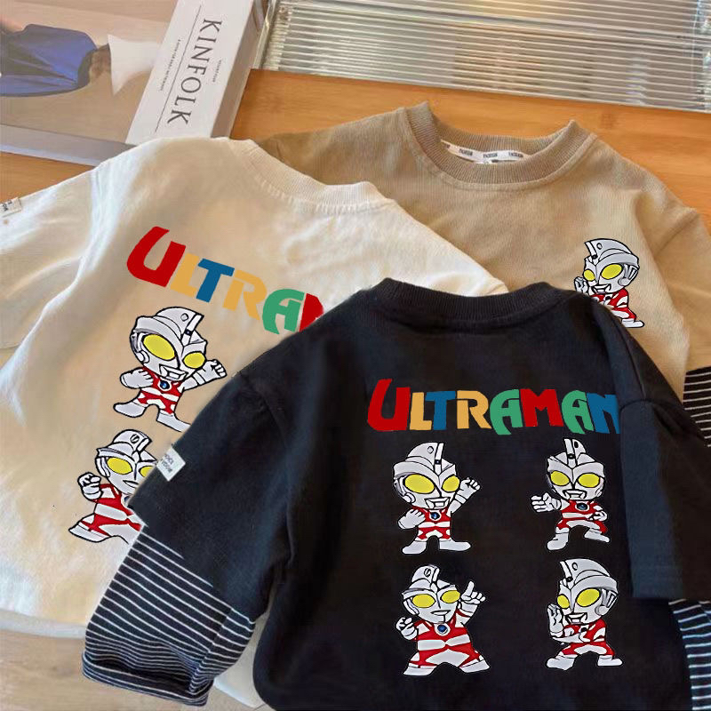 男童韩版超人长袖T恤宝宝春秋新款儿童假两件上衣洋气卡通打底衫