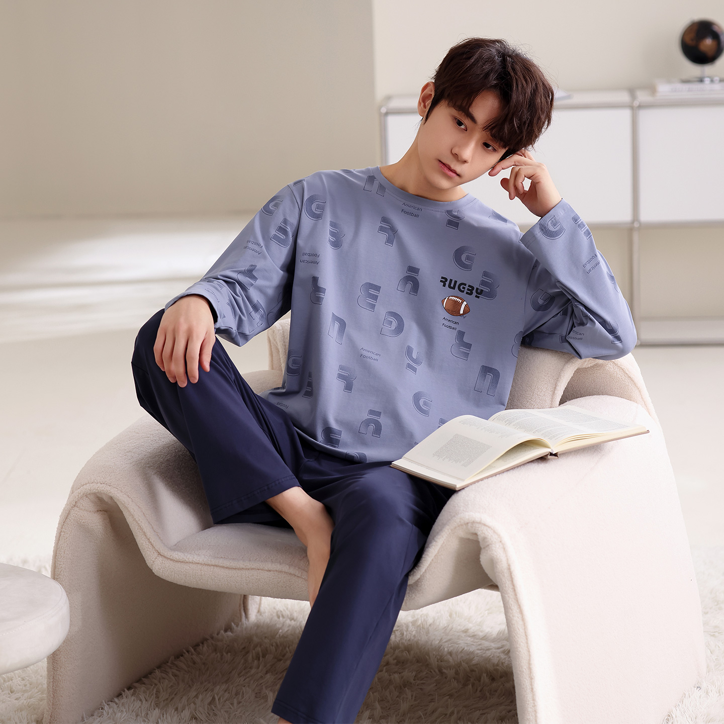 2025款睡衣男长袖长裤套头圆领