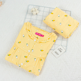 开襟黄色新款 春秋季 薄款 梦贝诗睡衣女布料梭织小清新纯棉圆领长袖