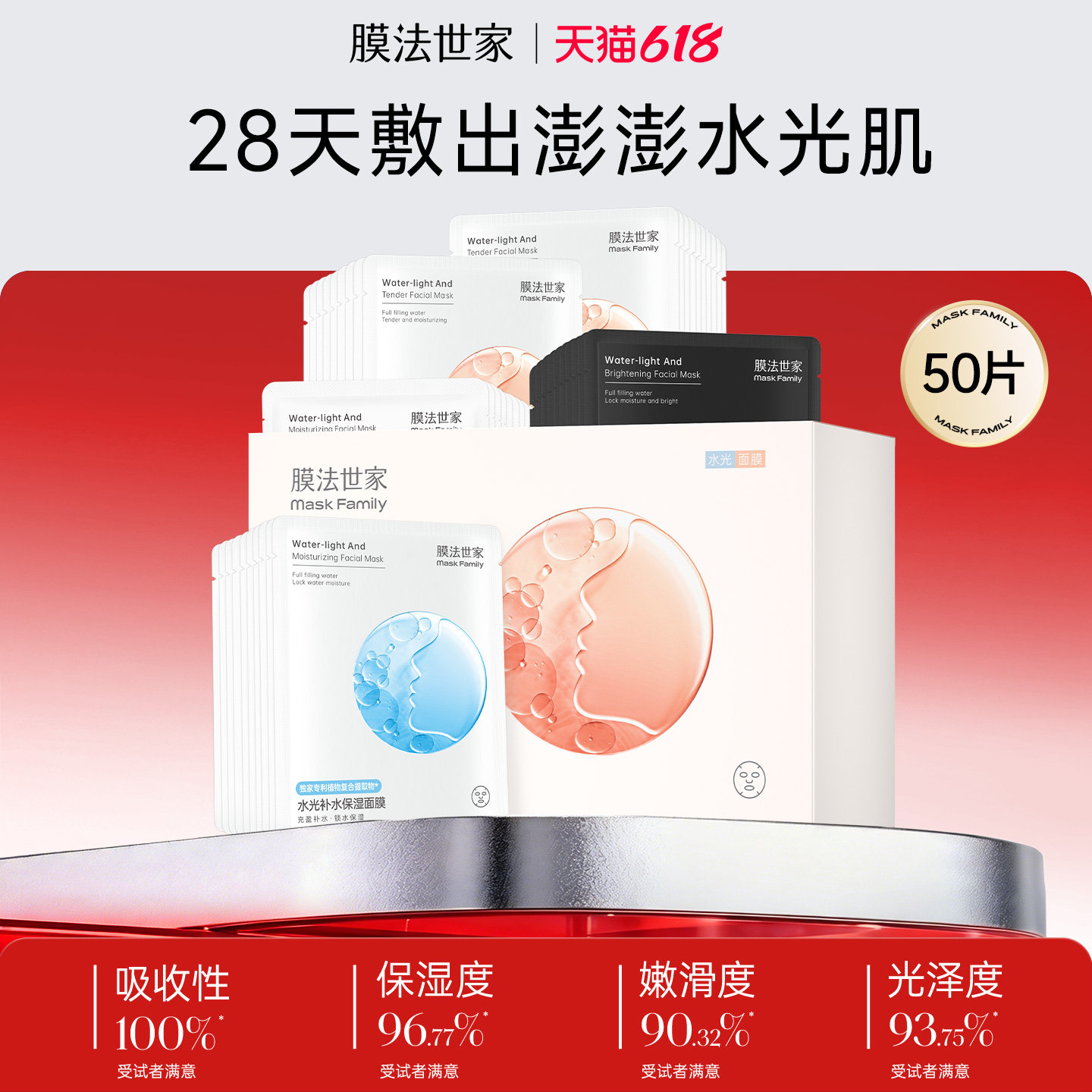 【618现货速发】膜法世家水光保湿亮嫩面膜50片玻尿酸补水亮肤