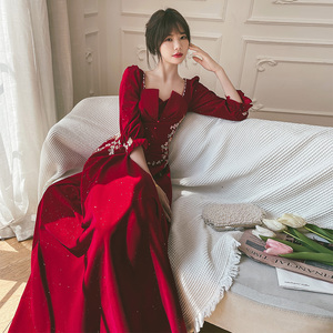 孕妇敬酒服新娘2023新款冬季结婚回门晚礼服气质中式长款高级婚礼