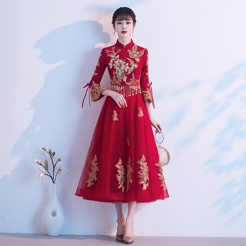 速发式中敬酒服新娘婚021新款孕妇冬季酒红色结2旗袍礼服秀禾服遮