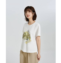 精梳长绒棉印花刺绣白色T恤女圆领针织短袖 一盏春月 品牌夏季