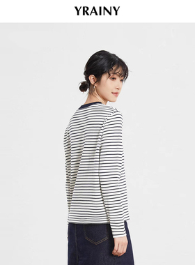 特别推荐原生高支棉黑白条纹圆领针织衫长袖打底女刚需内搭T恤