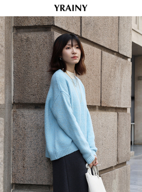 《碧波海盐》重磅轻奢进口羊毛羊绒金豆纱湖蓝色圆领毛衣软糯温暖