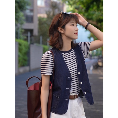 短袖海魂衫薄款条纹亚麻T恤女