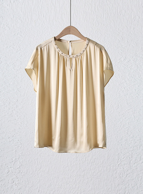 设计师品牌原创设计6A级桑蚕丝高定面料丝滑轻奢圆领钉珠真丝上衣