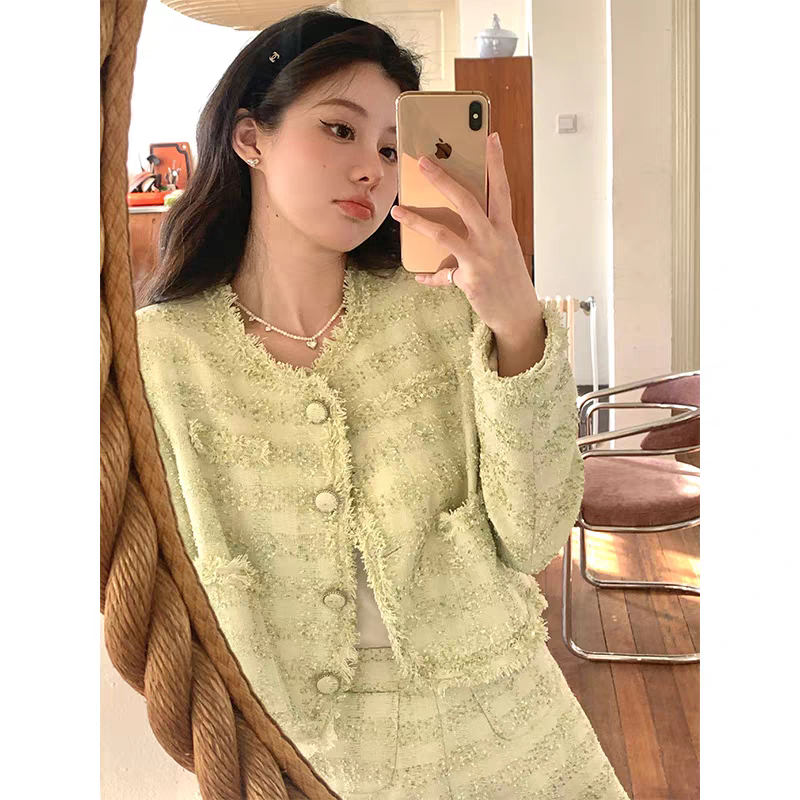 法式小香风圆领毛边外套女高腰A上衣
