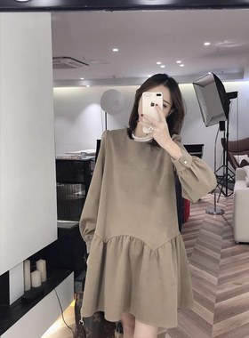 秋冬新款法式小众荷叶边下摆连衣裙女宽松显瘦拼接裙