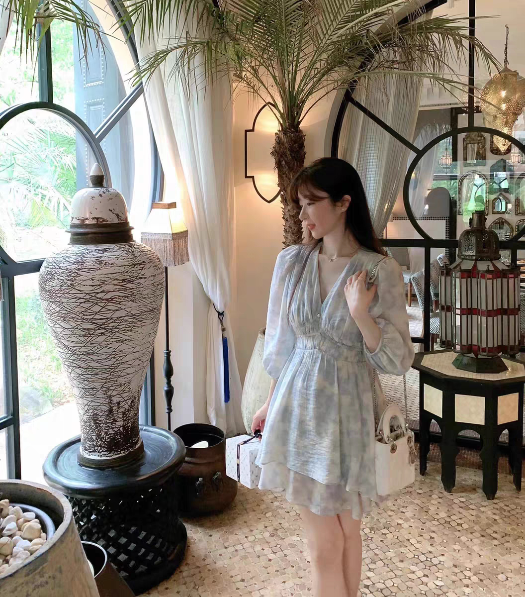 云雾里 双裙摆舒适人棉印花短裙女夏季新款气质连衣裙子图片