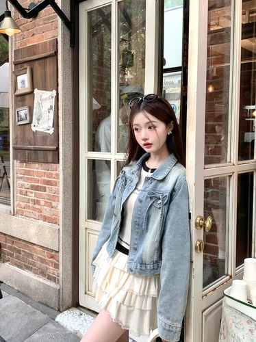 加州少女/蓝色牛仔外套女秋季短款小个子长袖夹克上衣