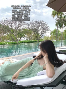蕾丝拼接懒人度假裙女夏季中长款露背雪纺连衣裙