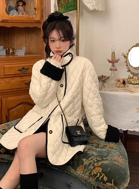 气质立领拼接毛毛袖菱格棉服女新款小个子保暖棉衣外套