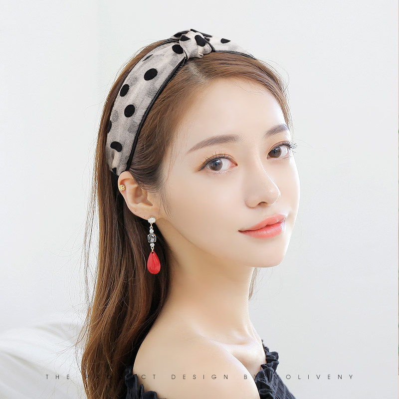 波点发箍宽边中间打结韩国甜美复古风头箍气质女发卡网纱压发发带