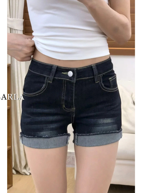 深蓝色牛仔短裤女夏季薄款大码胖mm显瘦梨形身材弹力高腰a字热裤