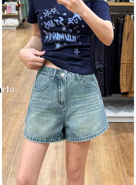 蓝色烫钻牛仔短裤女夏新款胖mm大码梨型身材宽松显瘦阔腿a字热裤