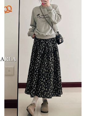 黑色碎花半身裙女高腰春季大码胖mm遮胯显瘦梨形身材中长款a字裙