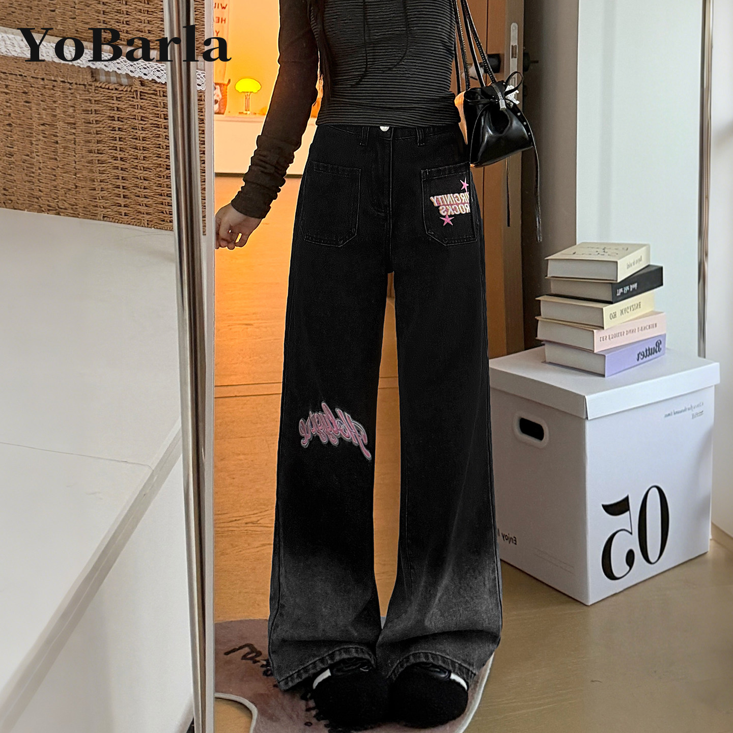 黑色渐变刺绣直筒牛仔裤女春季新款胖mm大码宽松显瘦高腰阔腿裤子