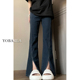 胖mm高腰显瘦微喇裤 复古蓝弹力开叉牛仔裤 梨形身材大码 新款 女春季
