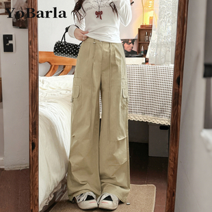 女秋季 裤 新款 胖mm大码 美式 显瘦梨形身材宽松阔腿裤 卡其色休闲工装