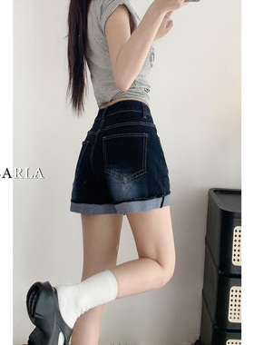 深蓝色牛仔短裤女夏季薄款大码胖mm高腰显瘦梨型身材弹力a字热裤