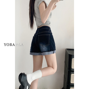 胖mm高腰显瘦梨型身材弹力a字热裤 深蓝色牛仔短裤 大码 女夏季 薄款