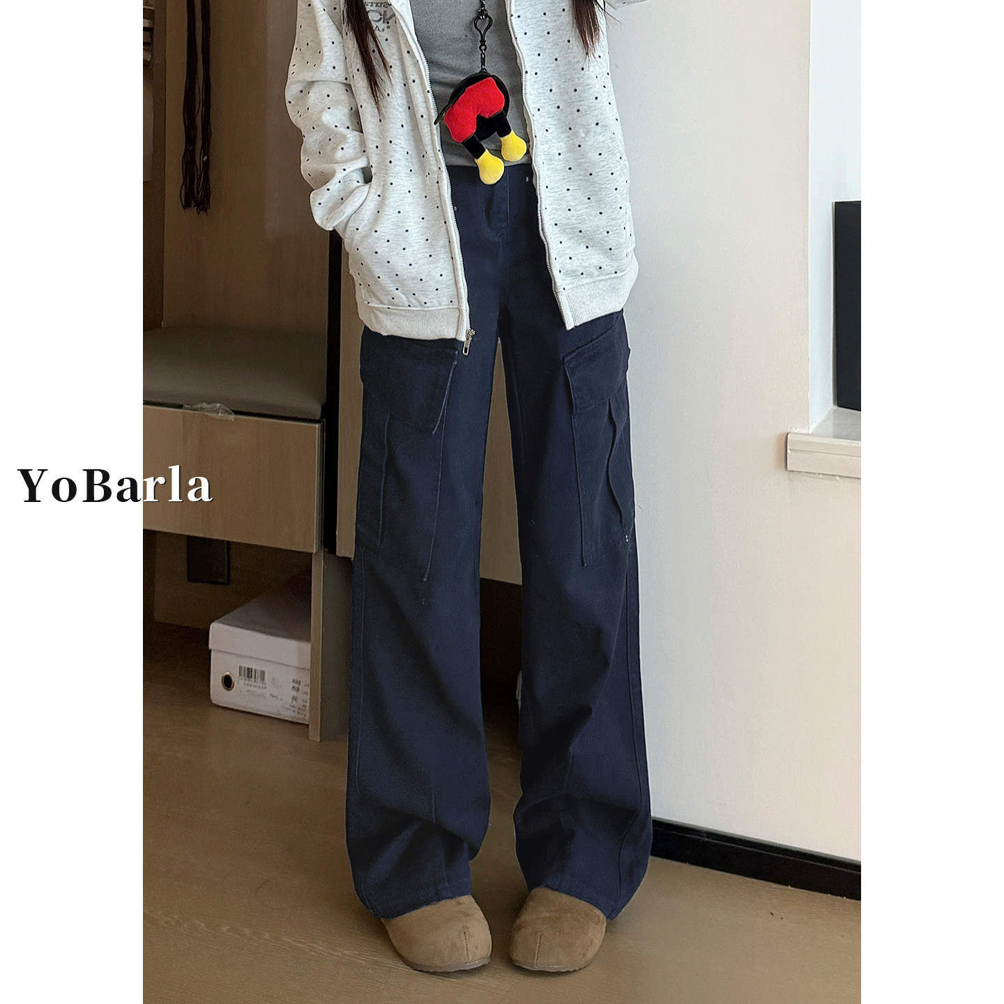 藏青色牛仔工装裤女直筒秋冬新款胖mm宽松大码梨型身材显瘦阔腿裤,女装/女士精品,牛仔裤,淘宝优惠券,粉丝福利购,淘宝优惠卷