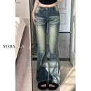 胖mm弹力显瘦梨形身材毛边裤 高腰大码 子 女秋季 复古蓝微喇叭牛仔裤