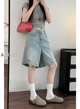 浅色破洞牛仔短裤女高腰夏季新款大码胖mm宽松显瘦五分直筒中裤子