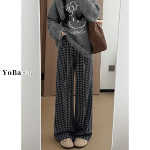 胖mm宽松显瘦慵懒垂感阔腿裤 黑灰色格子休闲裤 大码 新款 女高腰春季