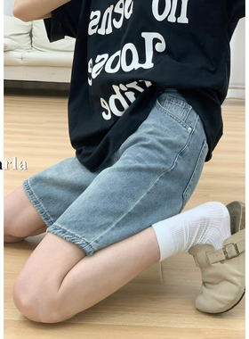 蓝色高腰直筒牛仔短裤女夏季新款胖mm大码宽松显瘦五分阔腿中裤子