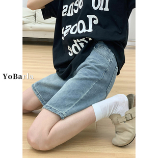 宽松显瘦五分阔腿中裤 蓝色高腰直筒牛仔短裤 胖mm大码 新款 子 女夏季