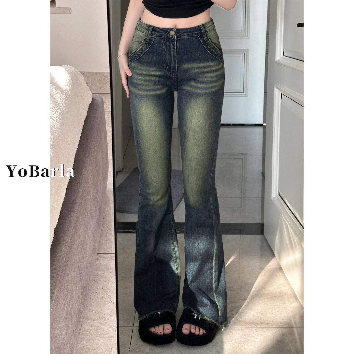 复古蓝微喇叭牛仔裤女秋季高腰大码胖mm弹力显瘦梨形身材毛边裤子