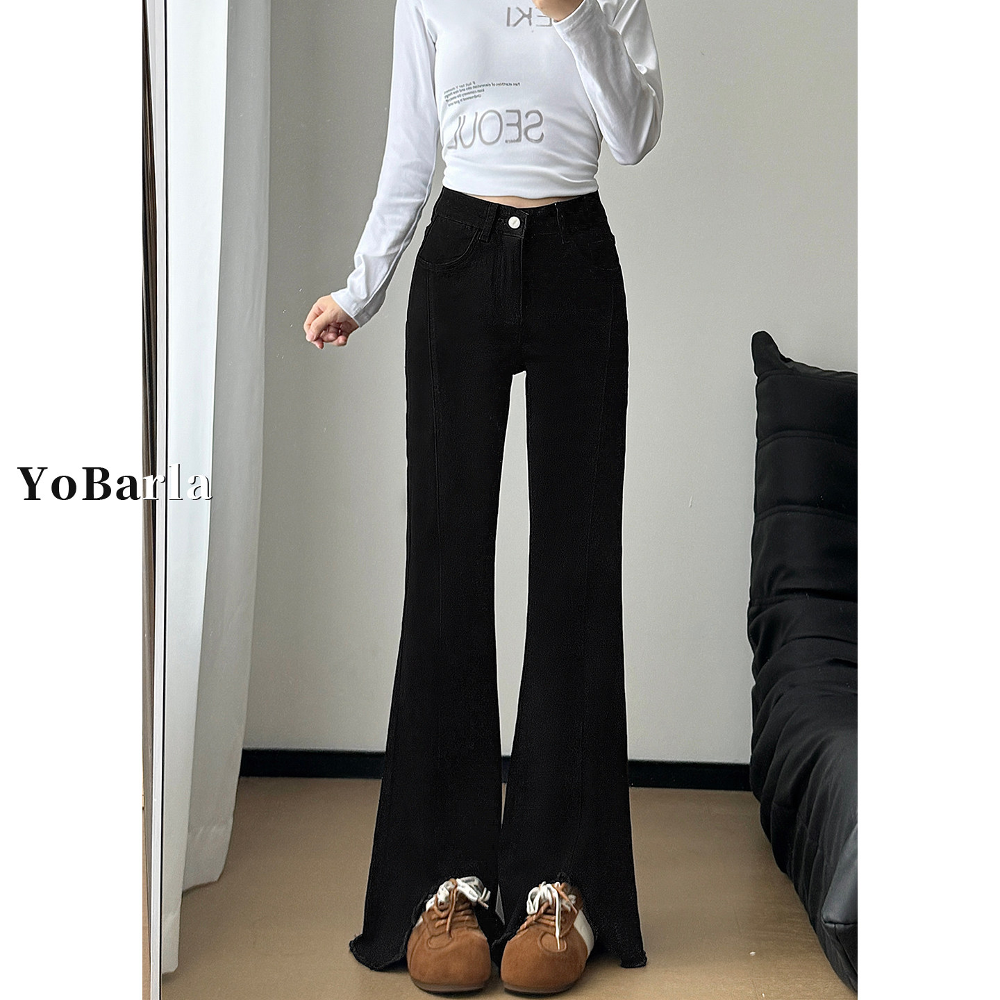 黑色开叉毛边微喇牛仔裤女冬季加绒胖mm大码高腰显瘦弹力喇叭裤子,女装/女士精品,牛仔裤,淘宝优惠券,粉丝福利购,淘宝优惠卷