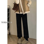 黑色直筒牛仔裤 子 胖mm宽松显瘦梨形身材九分烟管裤 女冬季 加绒大码