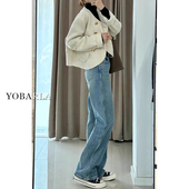 女春季 胖mm直筒裤 新款 梨形身材显瘦窄版 子 宽松大码 复古阔腿牛仔裤