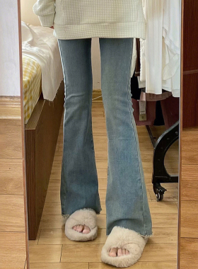 蓝色毛边微喇牛仔裤女春季新款大码胖mm高腰显瘦梨形身材弹力裤子