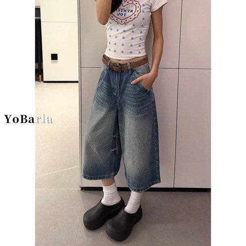 复古直筒牛仔七分裤女大码显瘦