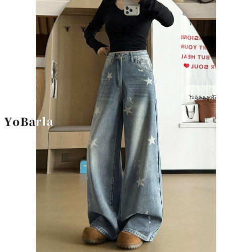 美式星星大码显瘦阔腿牛仔裤女