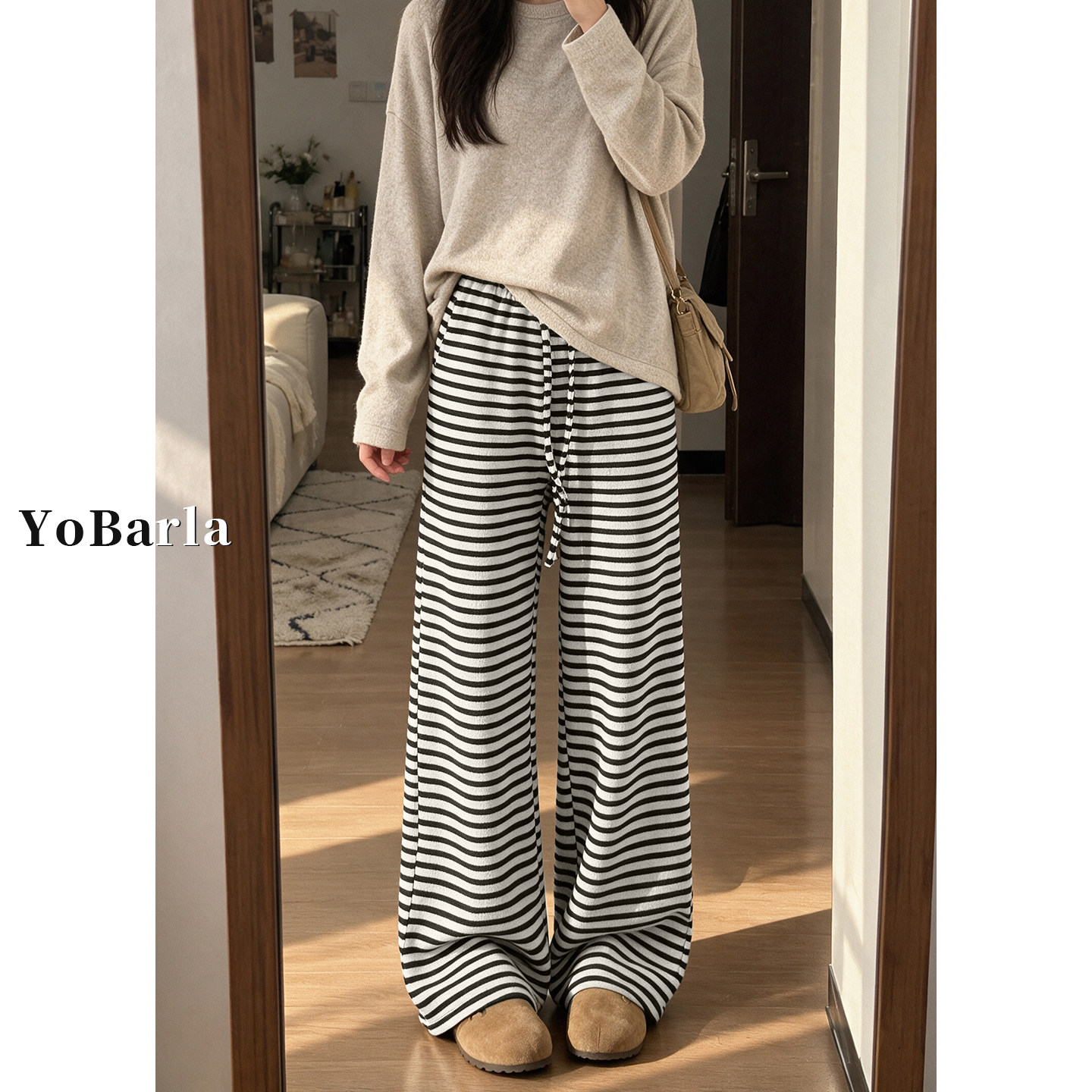 白色条纹休闲阔腿裤女大码秋冬新款胖mm宽松慵懒垂感显瘦直筒裤子
