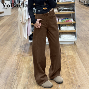 显瘦高腰宽松垂感直筒裤 复古棕色阔腿牛仔裤 胖mm大码 新款 子 女春季