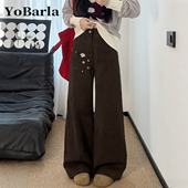 女春季 新款 胖mm直筒大码 美拉德花朵纽扣棕色牛仔裤 宽松显瘦阔腿裤