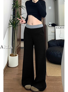 黑色拼接休闲裤女春季新款高腰胖mm宽松显瘦梨形身材阔腿运动卫裤