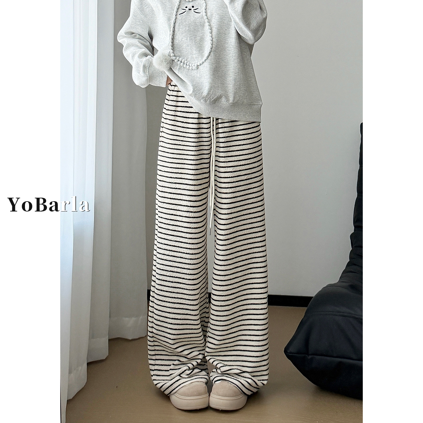 巨显瘦的条纹休闲裤，谁穿谁好看